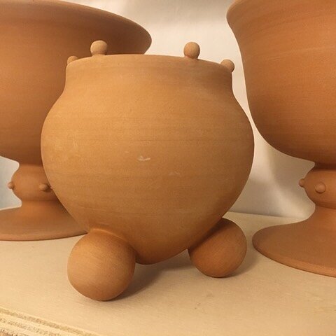 The naked beauty of my bisque-fired earthenware clay body always gives me pause before clothing the pieces with glaze. 

I will be introducing some items that are glazed on the inside only, allowing them to hold water. Keep a look out for them on my 