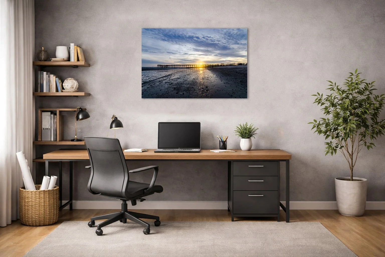 Coastal sunset pier photograph displayed on a wall in a modern interior space