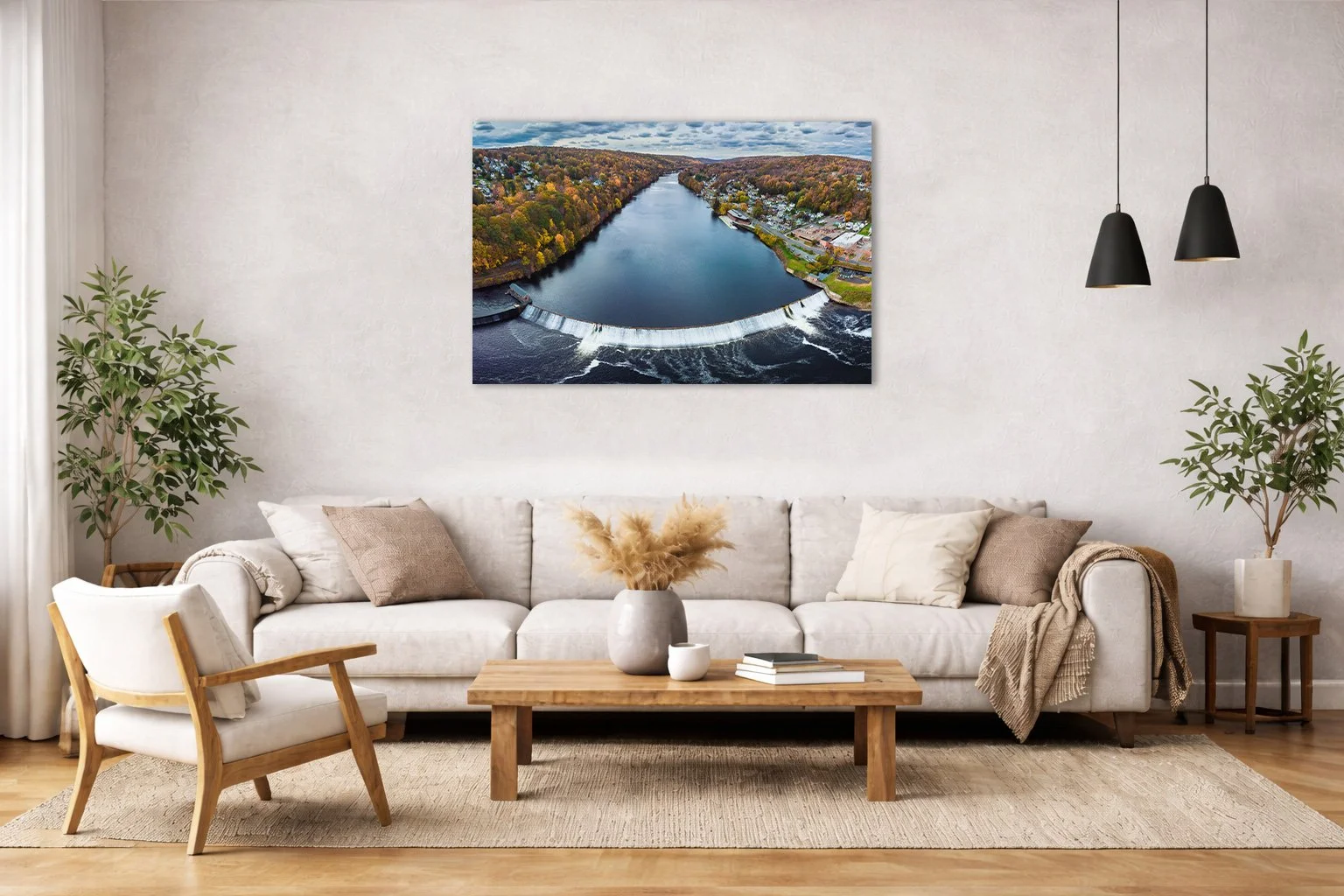 Aerial autumn river and dam photograph displayed on a wall in a modern interior space