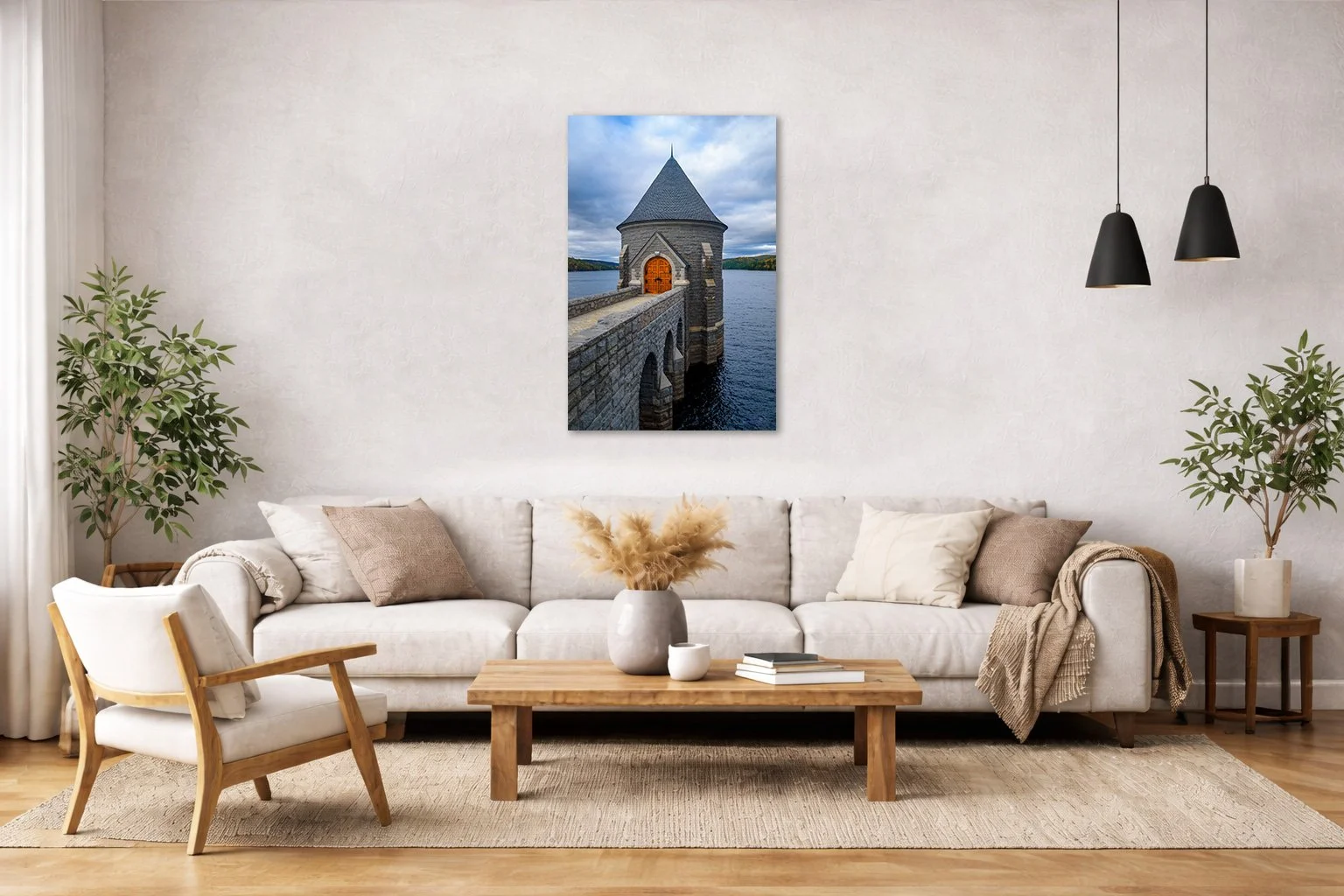 Architectural photograph of a stone water tower over water displayed in a modern interior space