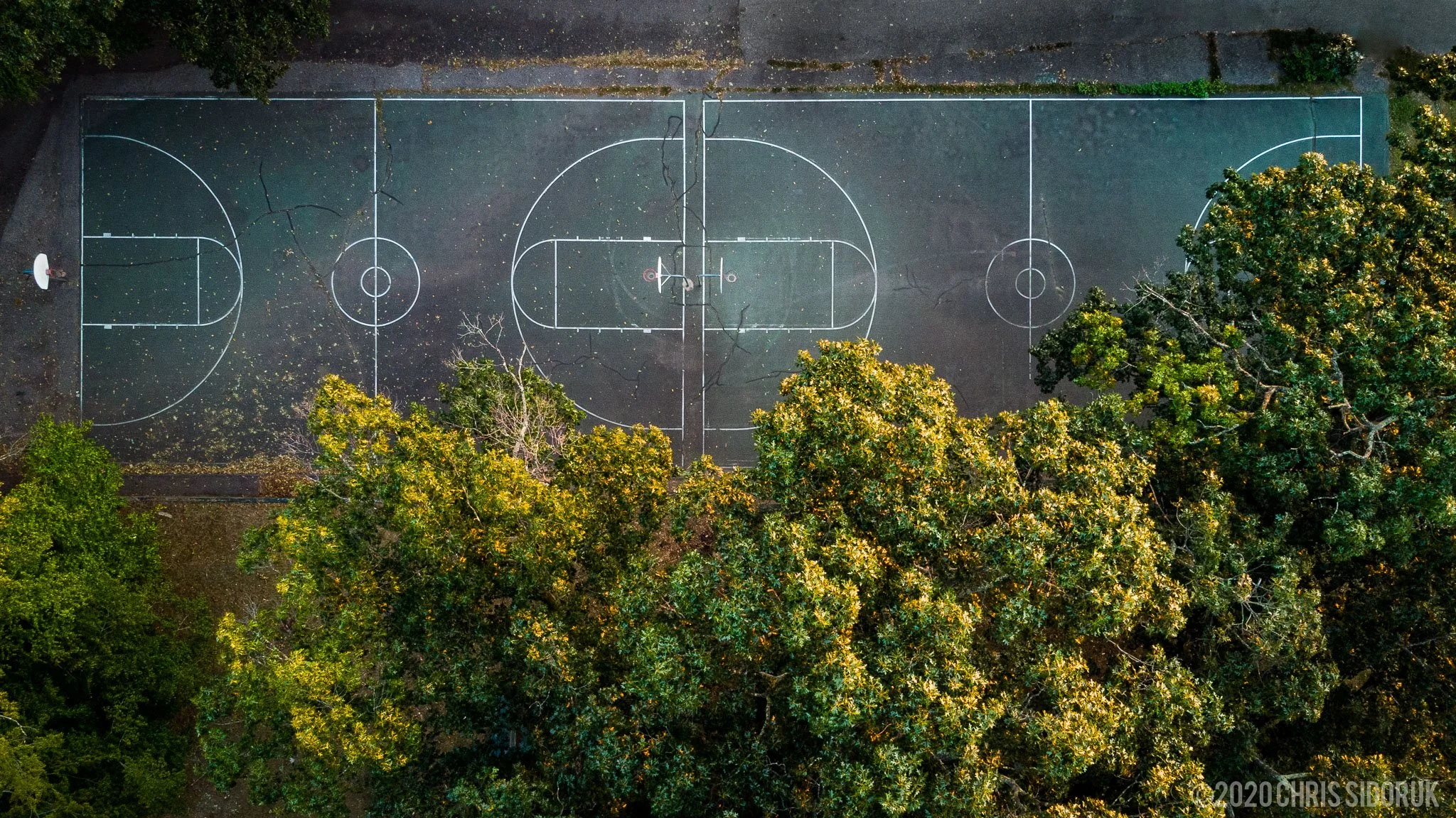 Bird’s-eye view of the basketball courts at Riverview Park in Shelton, Connecticut.