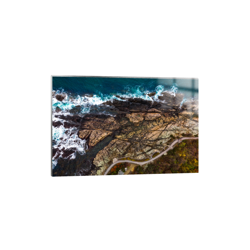 Aerial coastal photograph printed on metal with crisp detail and vibrant ocean tones