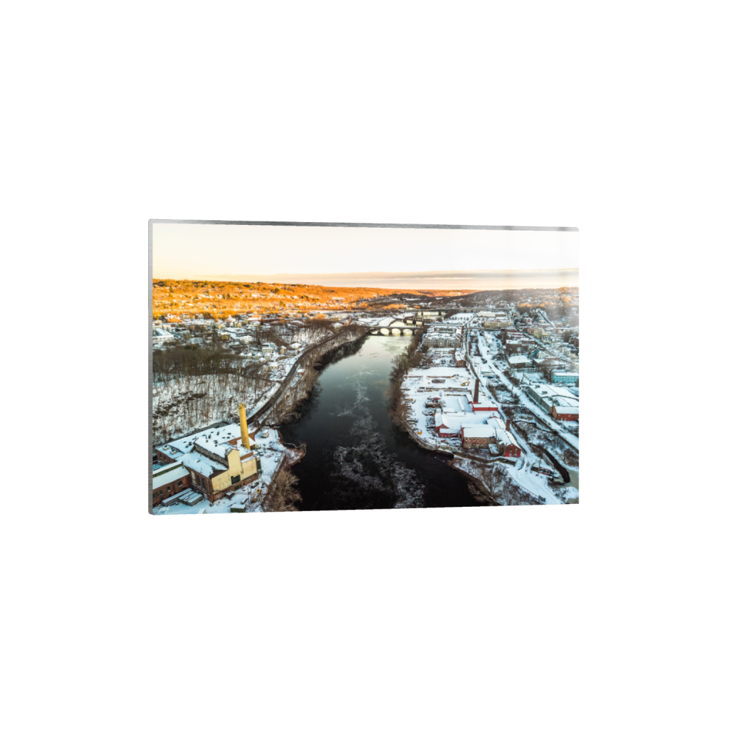 Aerial winter river town photograph printed on metal with rich contrast and a sleek finish