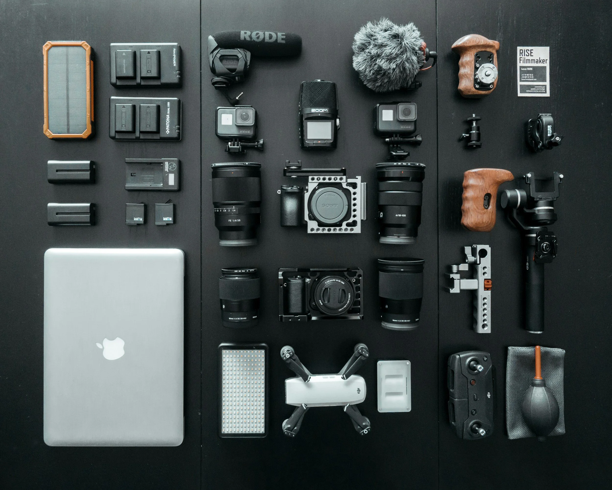 overhead view of photography gear laid out neatly on a desk