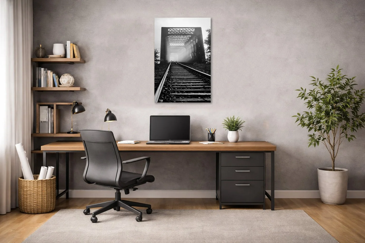 Black and white train bridge photograph displayed on an office wall in a modern workspace