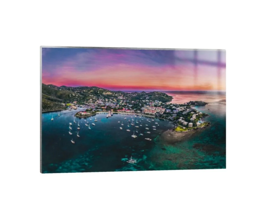 Metal Wall Art of a Cruz Bay - St. John, USVI aerial sunset photo by Chris Sidoruk Media.