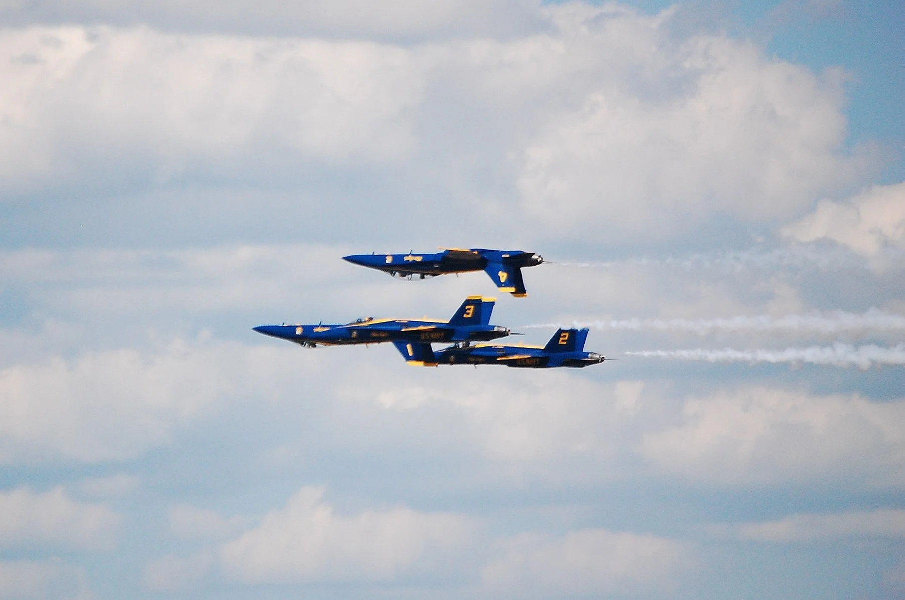 The Blue Angels performing intense acrobatics for the New England Air Show at Westover Air Reserve Base in Chicopee, Massachusetts.
