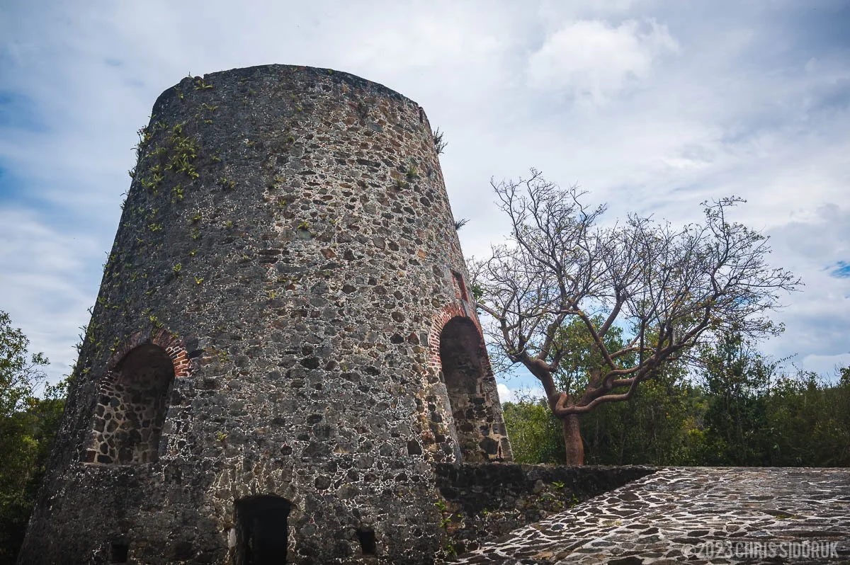 Catherineberg sugar mill ruins in St John USVI with historic stone structure and tropical surroundings