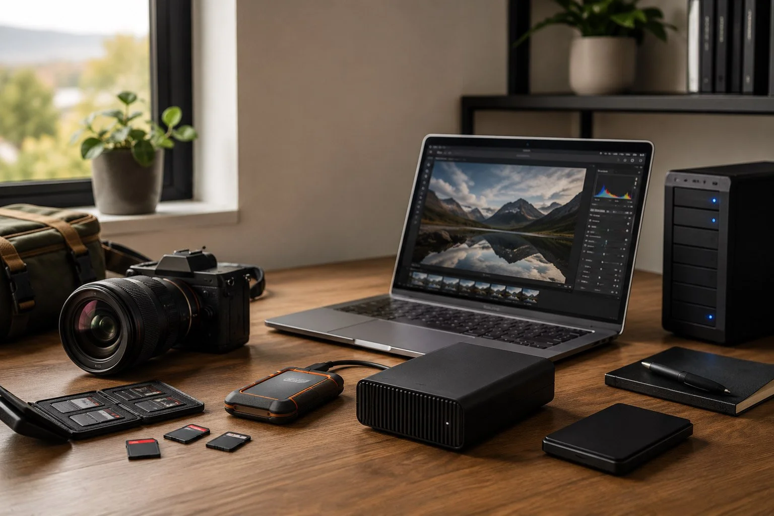 Creative workspace with camera gear