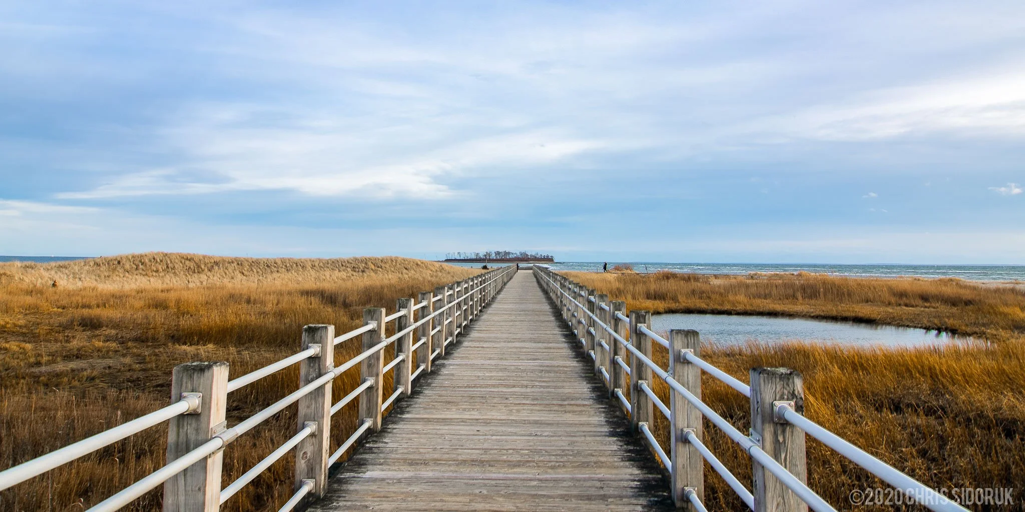 Silver Sands State Park Milford CT boardwalk leading through coastal marsh toward Long Island Sound