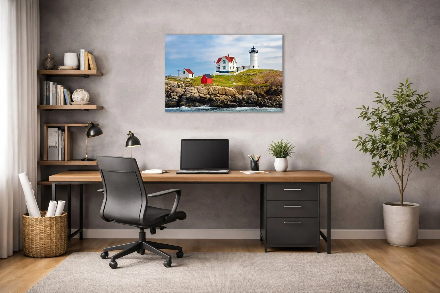 Lighthouse coastal photograph displayed in a bright, modern interior space