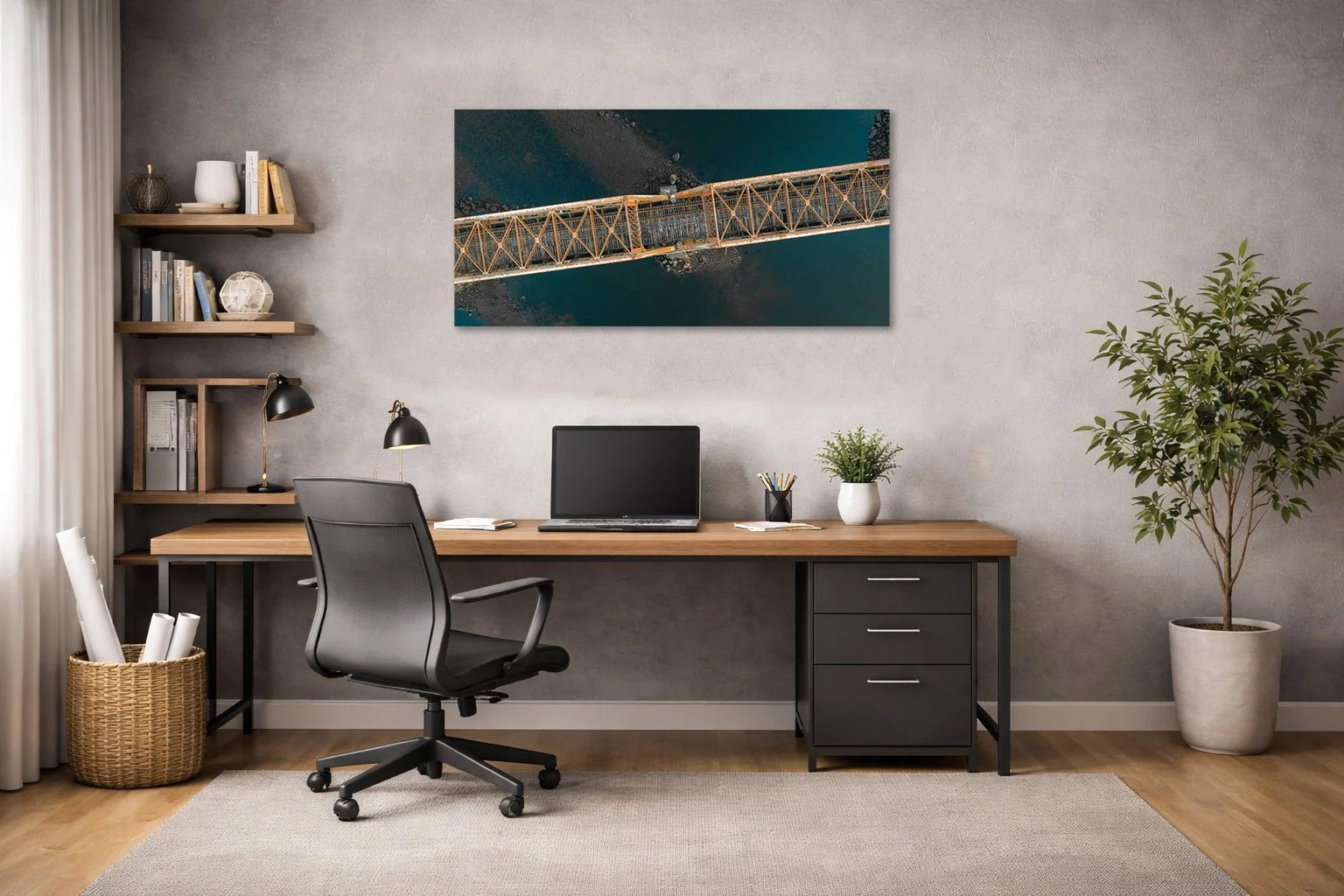 Aerial industrial bridge photograph displayed in a modern interior space