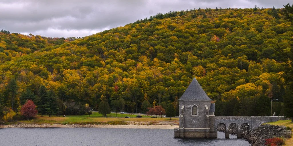 Saville Dam in Barkhamsted, Connecticut during the fall.