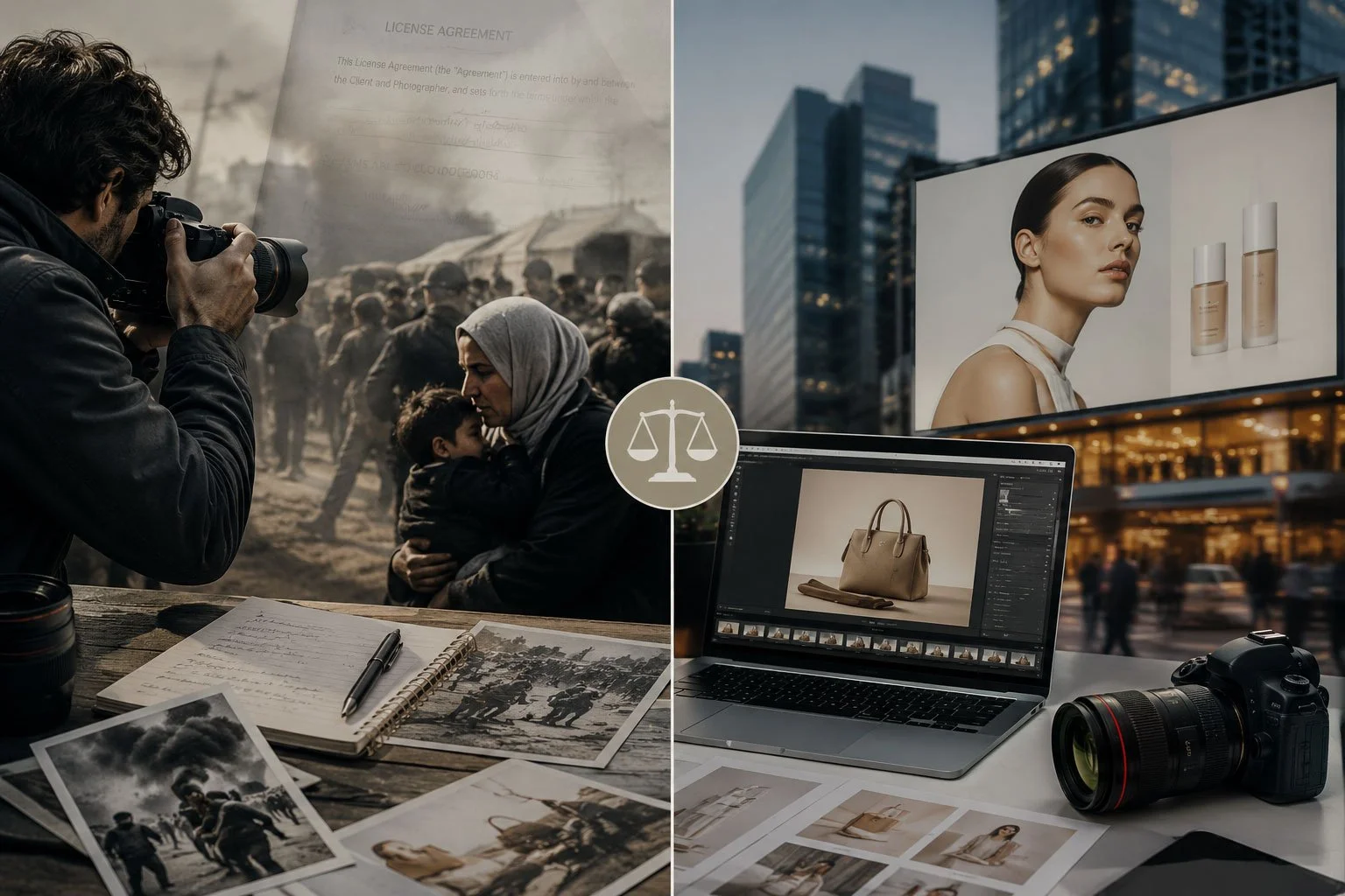 Editorial vs commercial photography licensing concept showing newsroom imagery contrasted with advertising and marketing visuals.