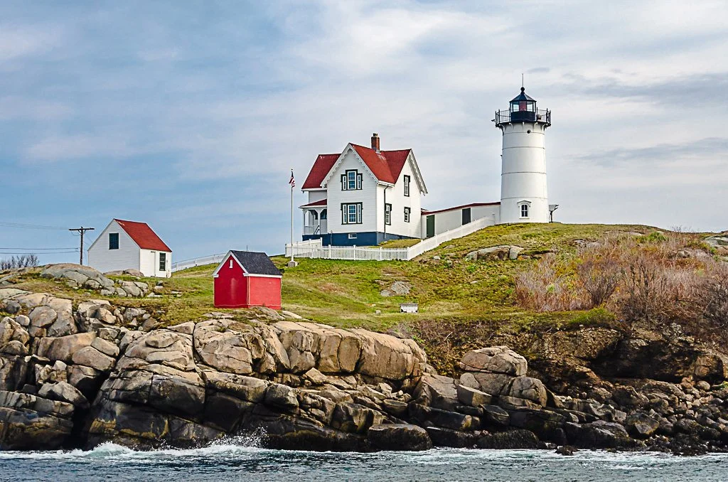 Closeup of Nubble Lighthouse in York, Maine.