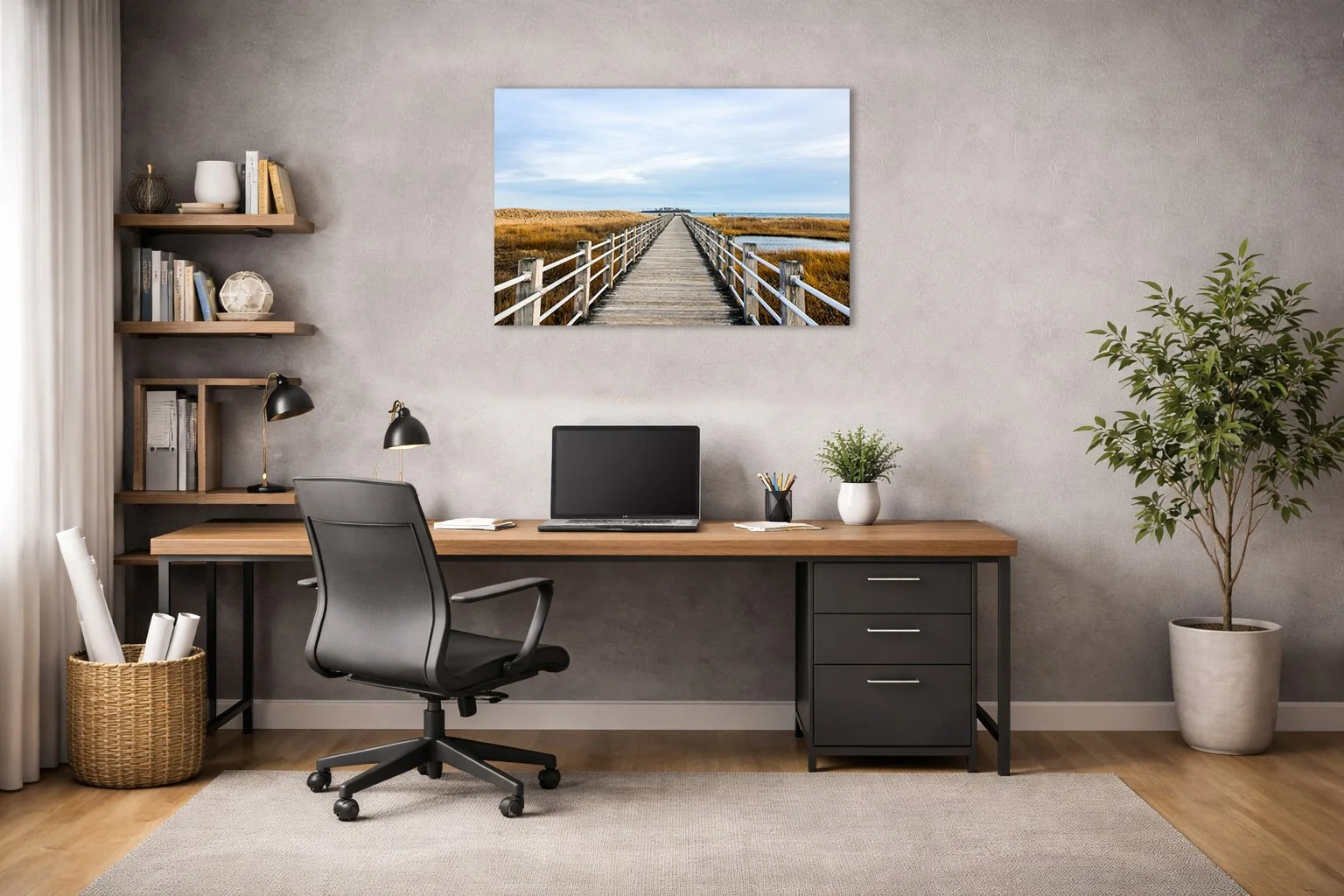 Coastal boardwalk photograph framed and displayed on a wall in a clean, modern interior space