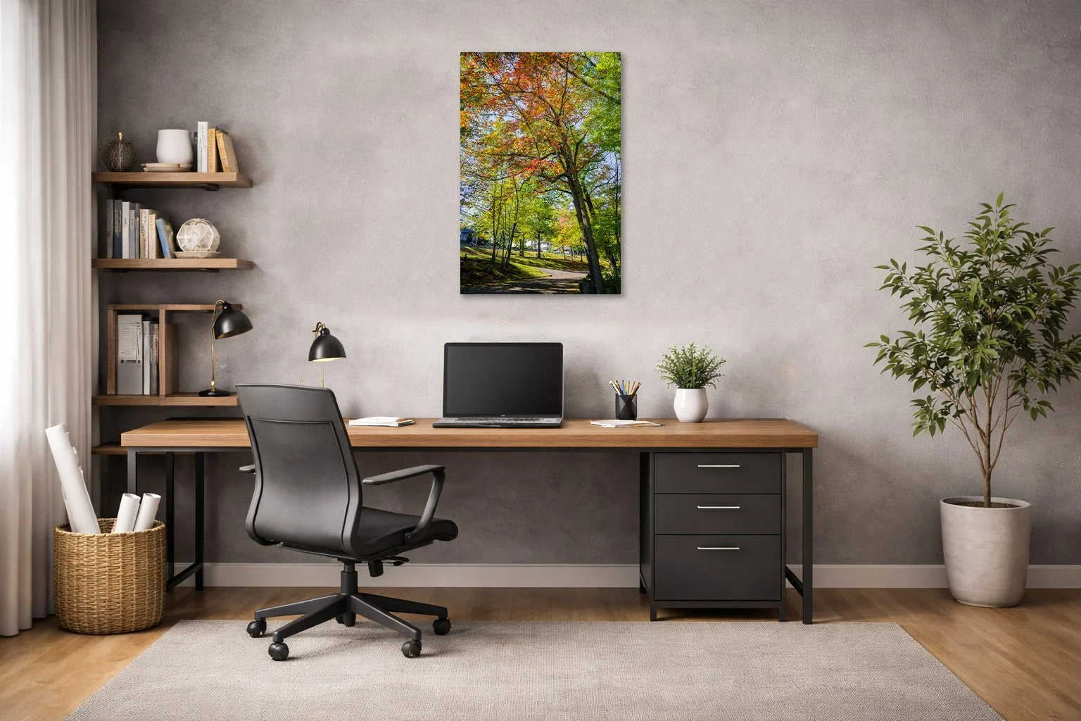 Autumn park landscape photograph with colorful trees displayed in a bright, modern interior