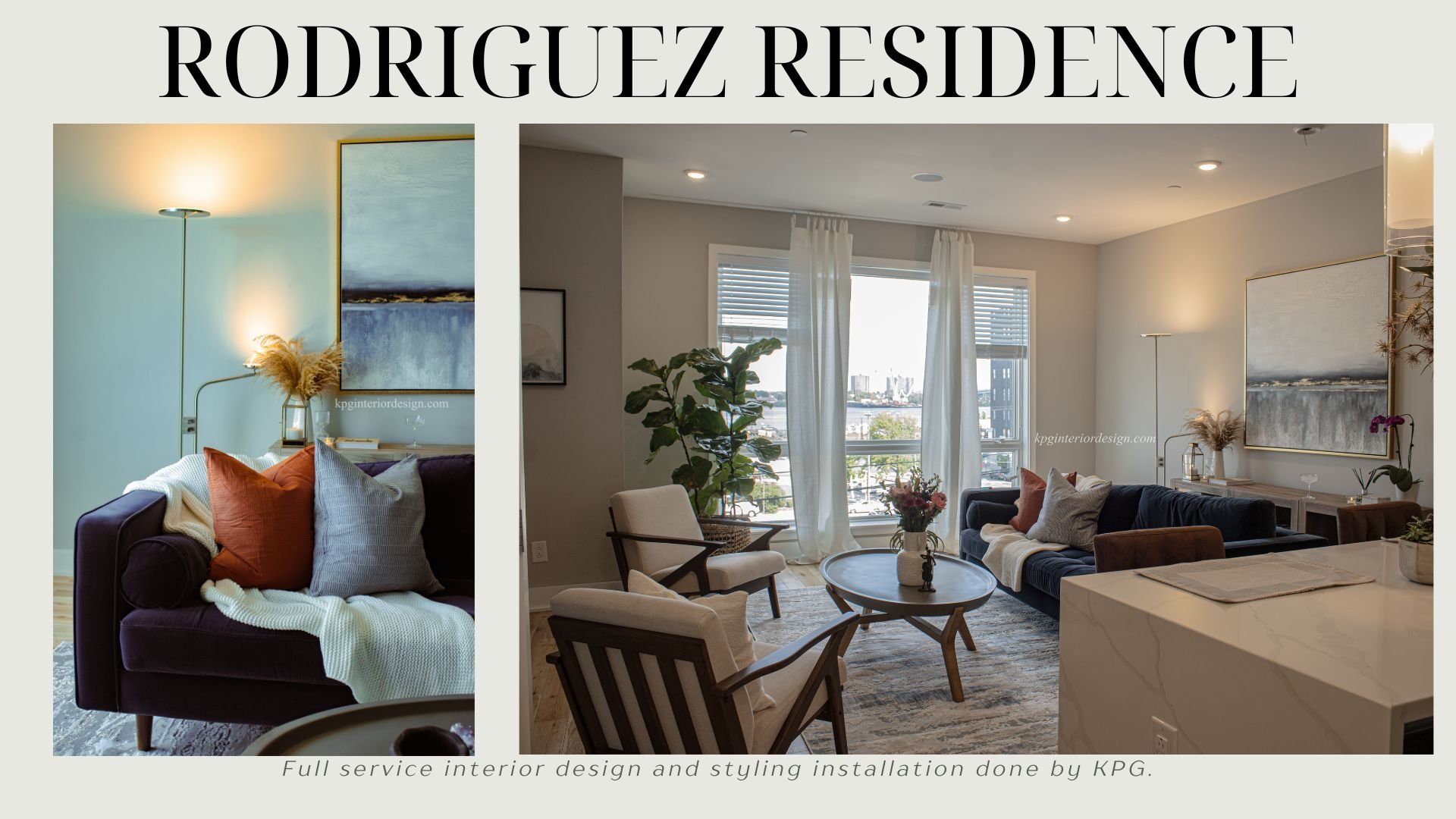 Northern Liberties Waterfront View Apartment, Professional Interior Styling by Katrina P. Griffin Interior Design, Philadelphia, PA. Full Service FF&E procurement, purchasing, and installation 