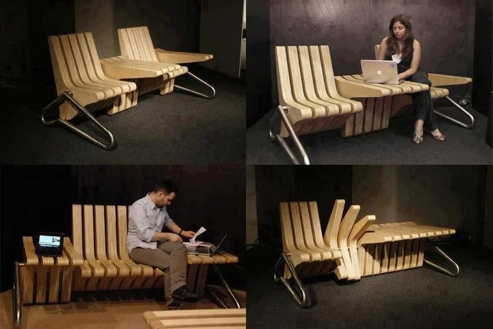Modular wooden furniture with adjustable seating and table, featuring metal supports, shown in different configurations with people using laptops.