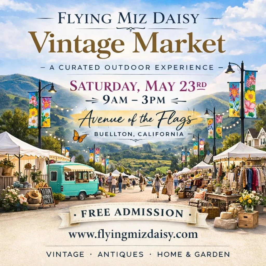 🎉BIG NEWS from Flying Miz Daisy! 🎉

We&rsquo;re turning the page and stepping into an exciting new chapter&hellip;
Our MAY 23rd Vintage Market is moving to a beautiful new location:

📍 AVENUE OF THE FLAGS, BUELLTON

We are incredibly grateful to t