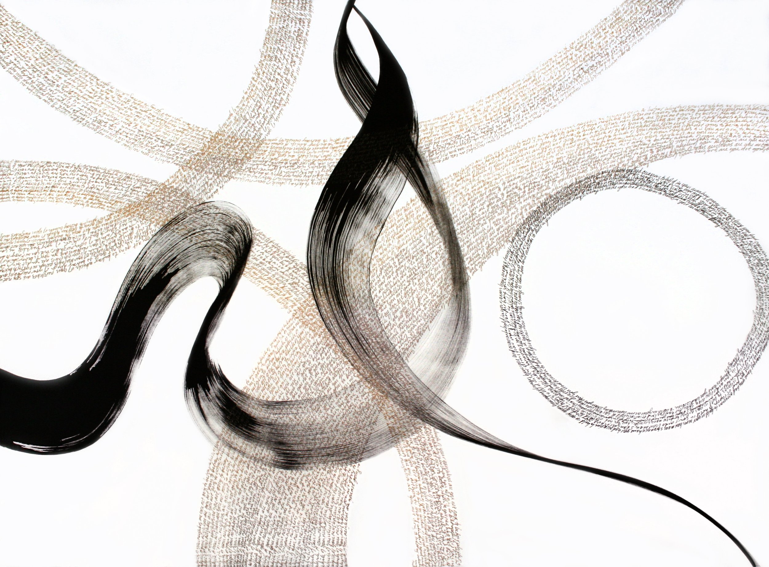"Sin/Frontera Be a crossroads"-- 2024.  33" x 23." PRINTS ONLY. Ink, ampersand, literature, & metallic gel on paper. After Gloria Anzalduá, Bapsi Sidwa & Annie Dillard. ("Which of your neighbors are you not going to betray"/ "How many strangers have 
