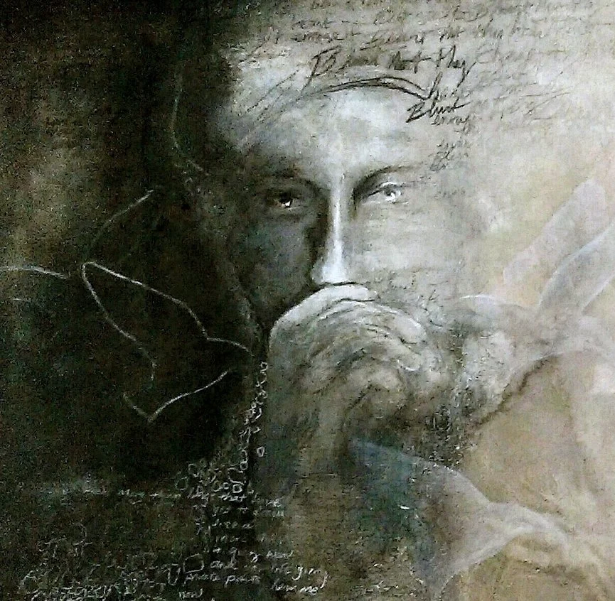 PRIVATE COMMISSION/ 
11" x 14" Sumi & walnut ink, acrylic, chalk, carved layers of oil pastel on canvas. Text is Shakespeare: "Blunt not thy heart, enrage it". 