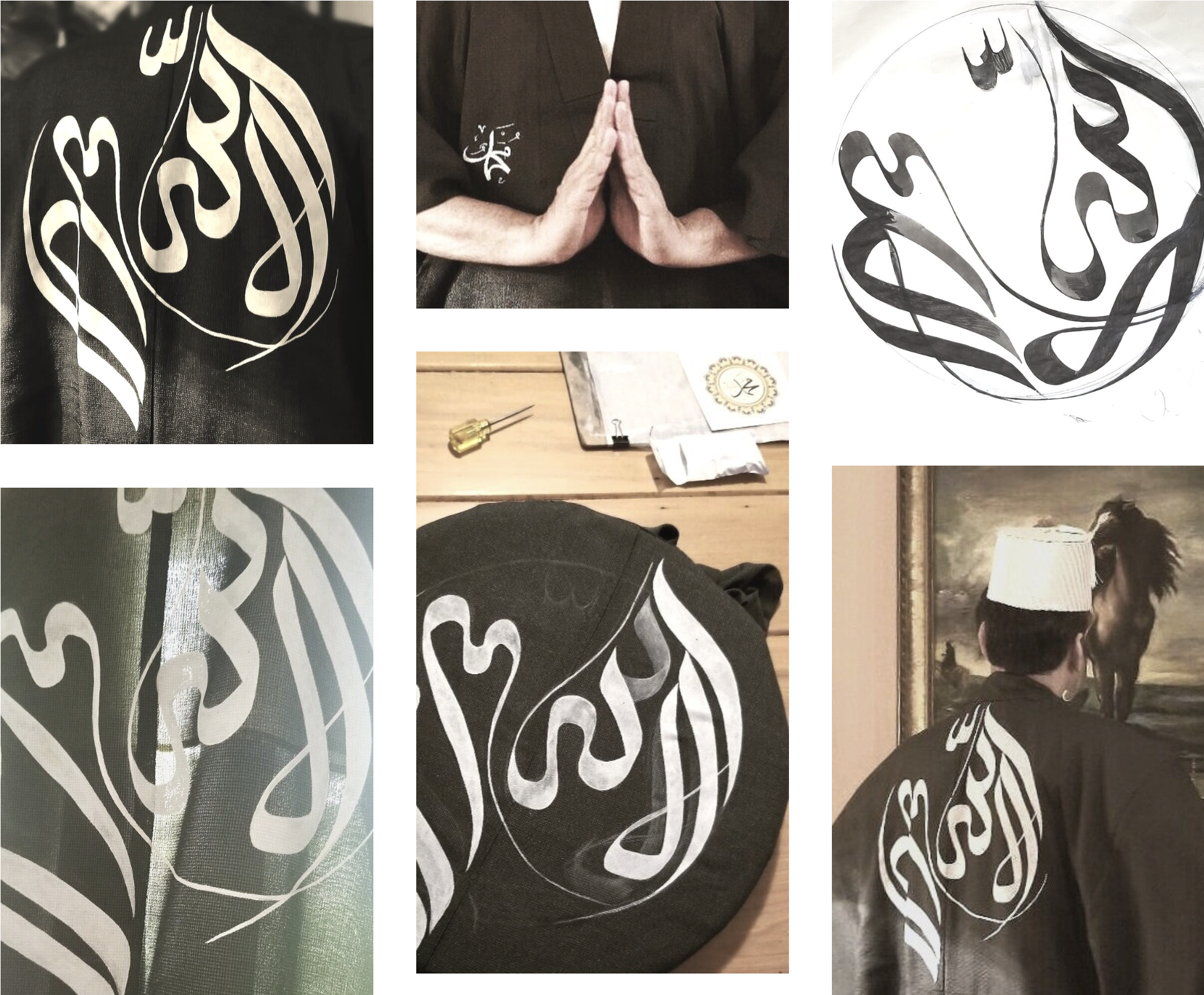 PRIVATE COMMISSION/
Fabric ink on vintage kimono. Worn to red carpet event in Fez, Morocco. Text on back & breast detail make up Islamic testament of faith: "There is no god but God" (back, free form script)-- & "Muhammad is His messenger"  (breast, 