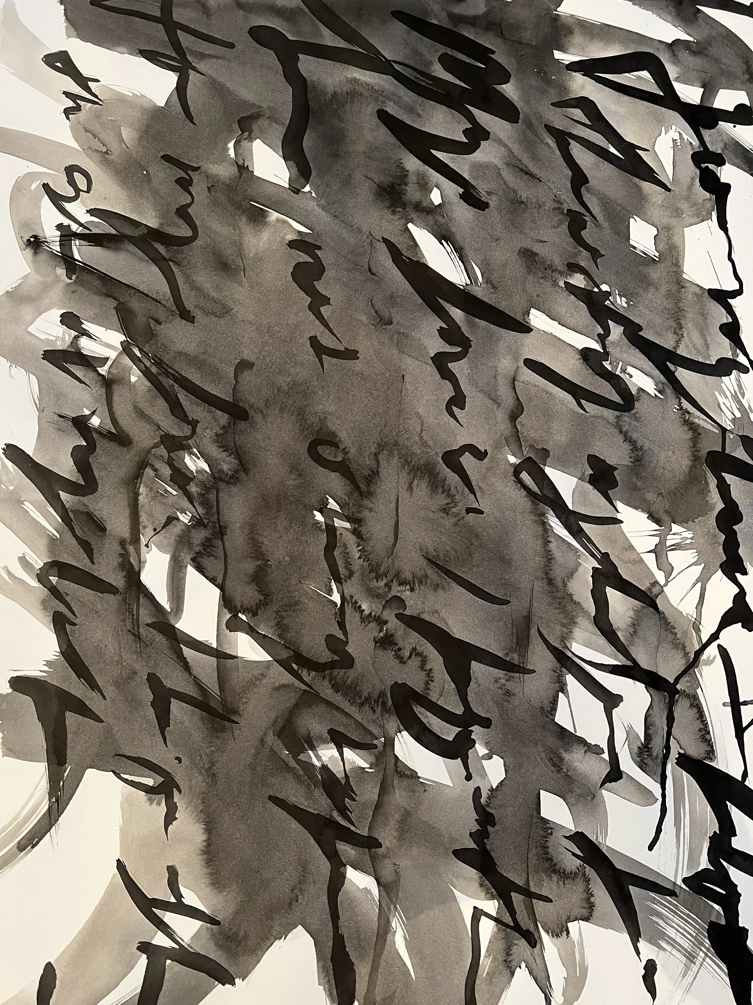 DONATED/ "Tell It Slant 2"--22" x 26"--Sumi ink on Stonehenge paper. Selected for entrance in Kingston Design Show House, 2022. Text is Judy Grahn: " To my lovers I bequeath/ the rest of my lief..."  