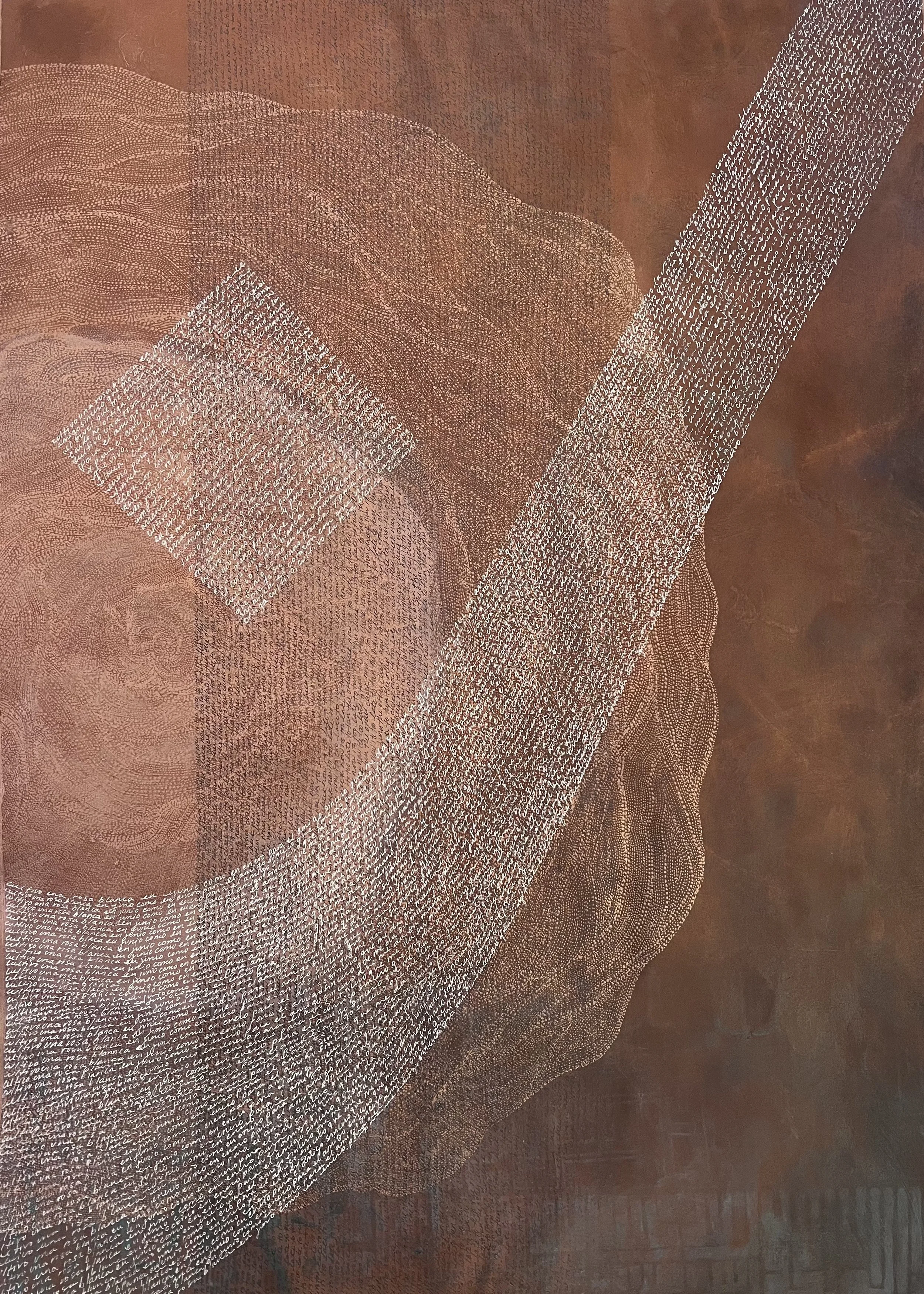 Grace--2023. 32 1/4" x 24 1/8." Metallic acrylic, chalk, poem, prayer, metallic gel, translations, ink made from guns on paper. After Islamic shahada, José Martí's "Cultivo Una Rosa Blanca" & Leonard Cohen's "Now it's too late to turn the other cheek