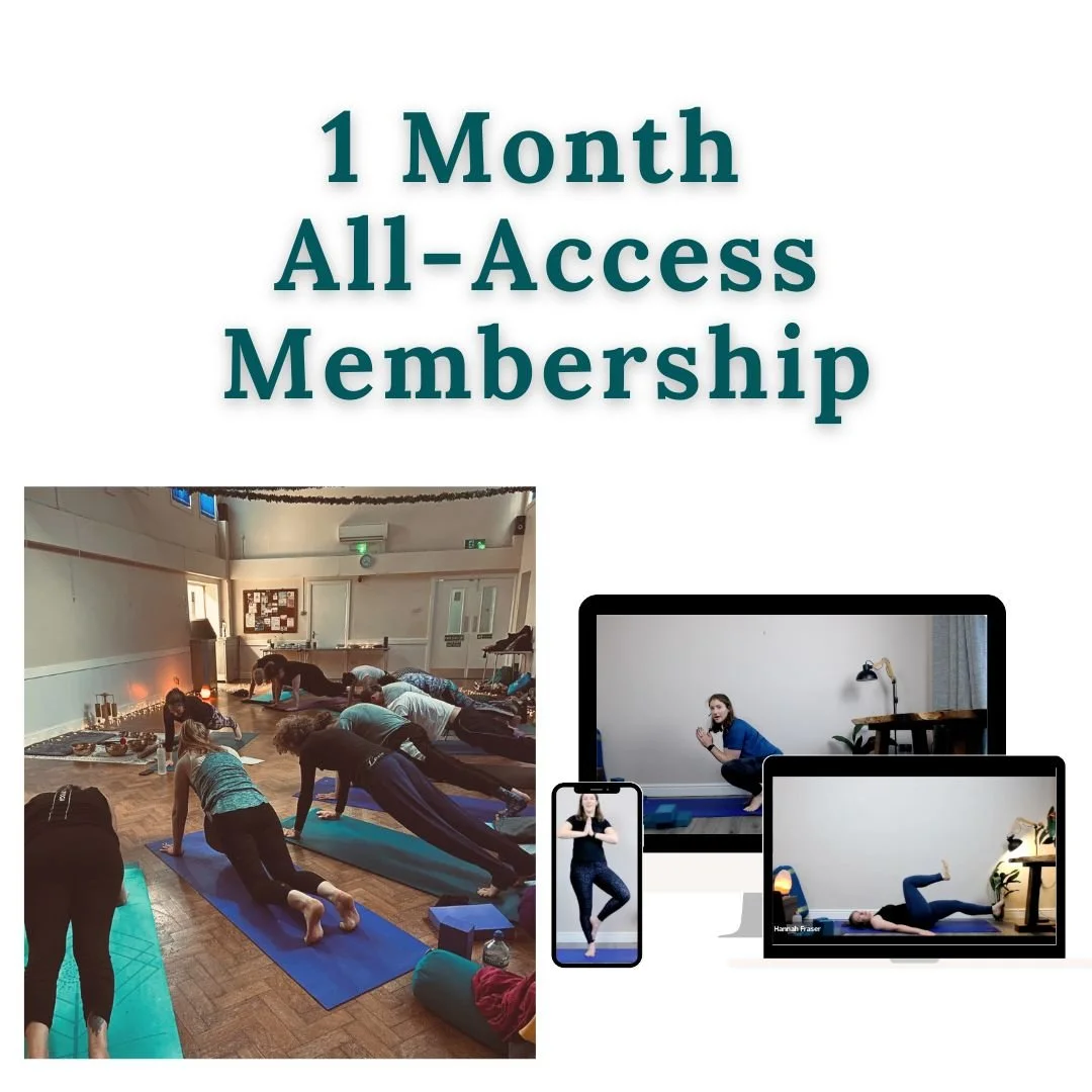 Text stating '1 Month All-Access Membership' above images of a yoga class in a studio and online yoga sessions on various electronic devices.