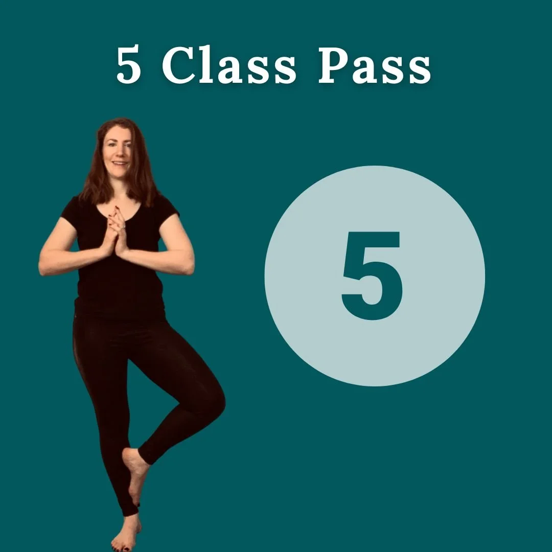 A woman in black clothes doing yoga poses with a large circle displaying the number 5 next to her and reference to a 5 class pass.