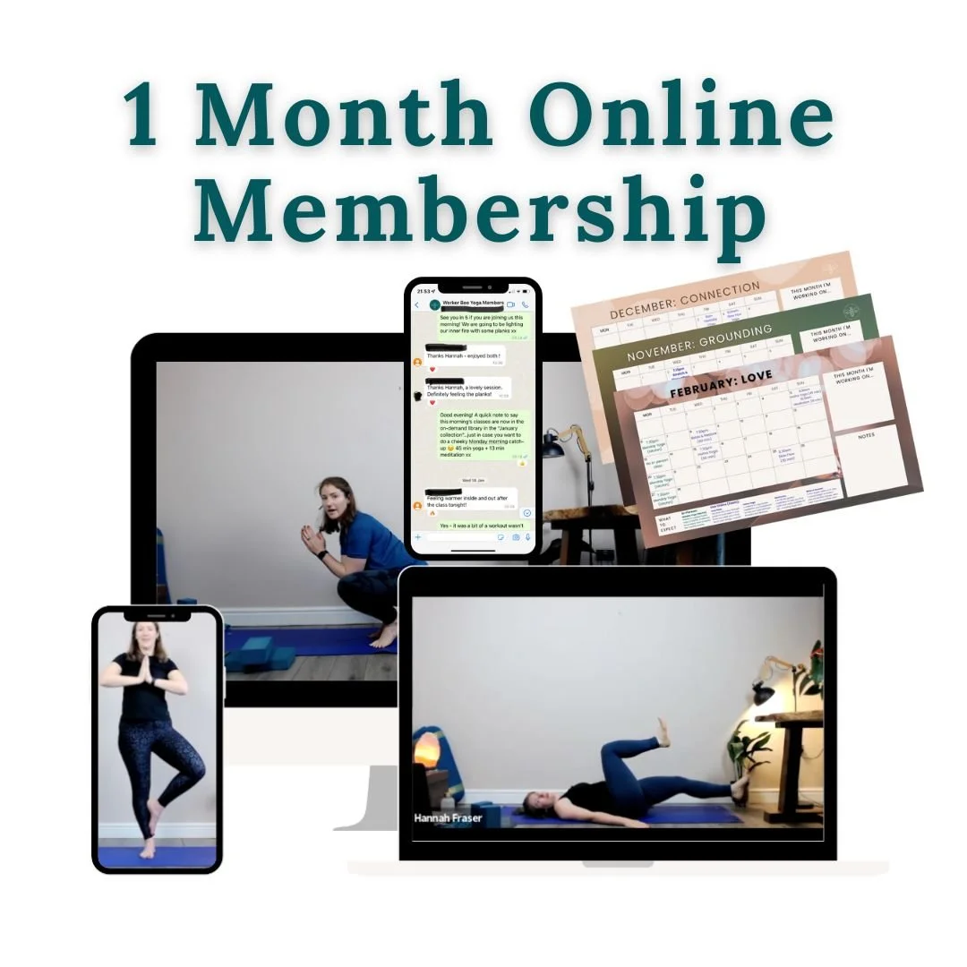 Advertisement for a one-month online membership with images of people doing yoga or fitness exercises on various devices, including a smartphone, tablet, and laptop. The background features calendars and workout schedules.
