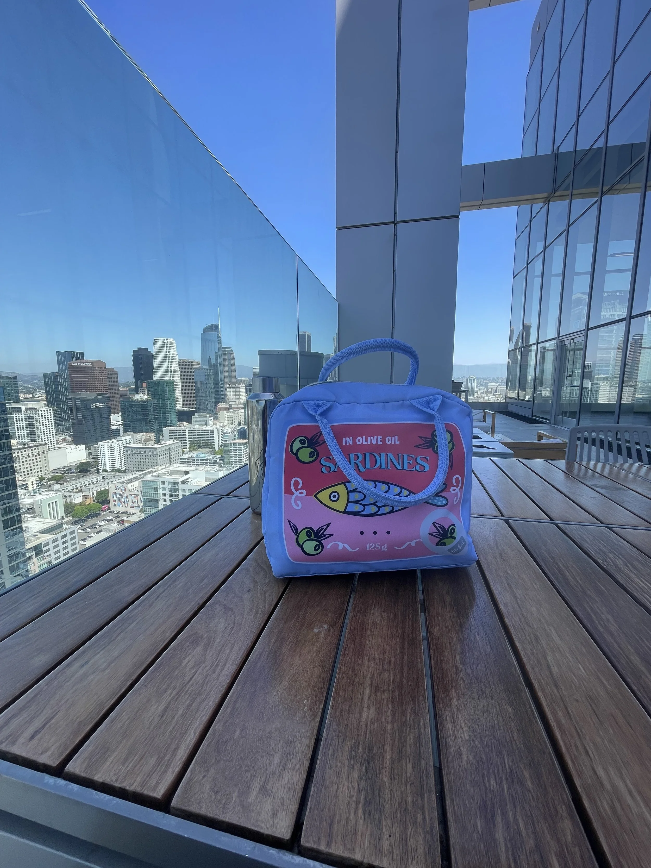 Lunchbox with Sardines cover and water bottle at roof top lunch spot