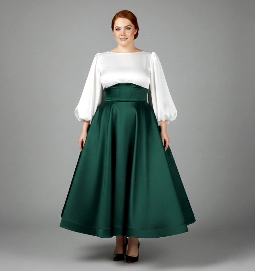 Style Guide- The Udaya Satin Corset Waist Tea Length Skirt