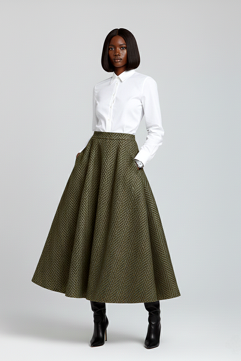 Ngozie Circle Skirt (Green Herringbone)