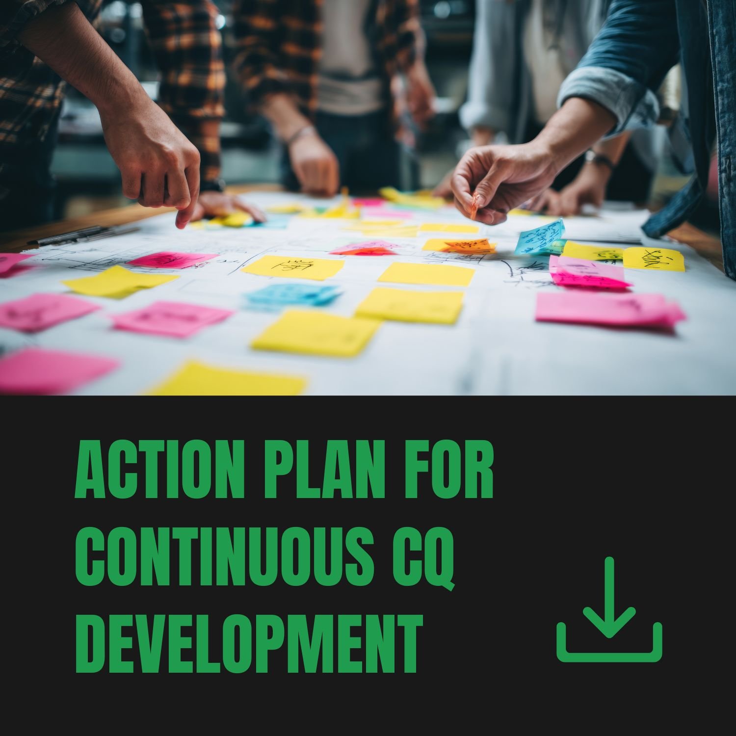 People brainstorming around a table with colorful sticky notes.