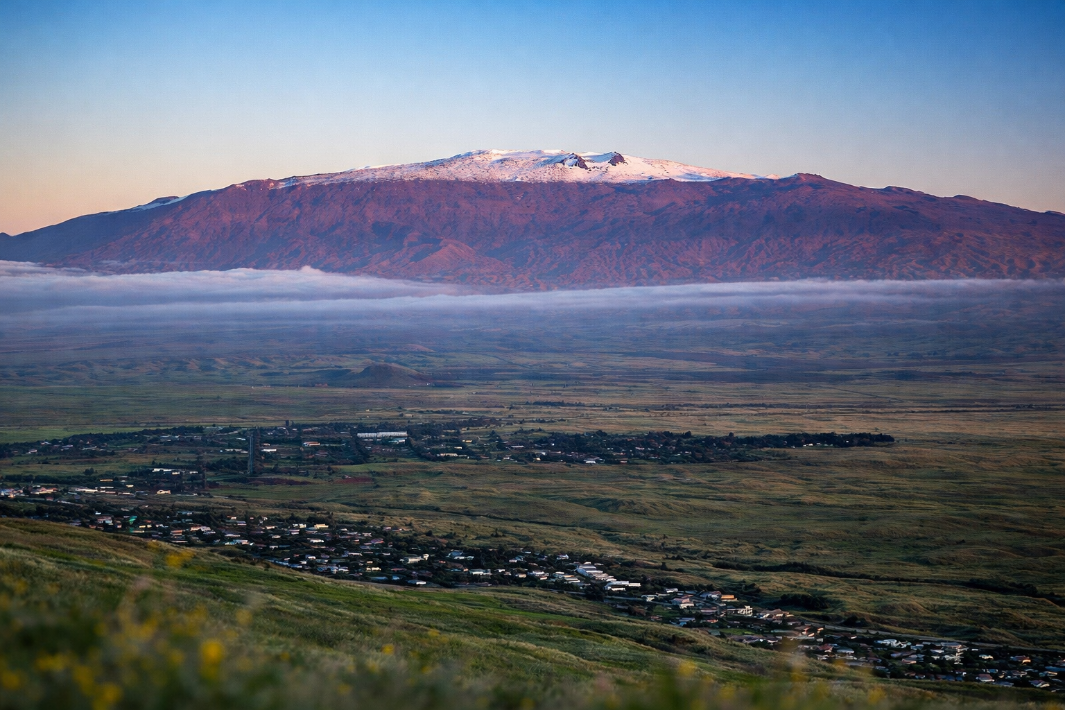 View of snow-capped Kea volcano