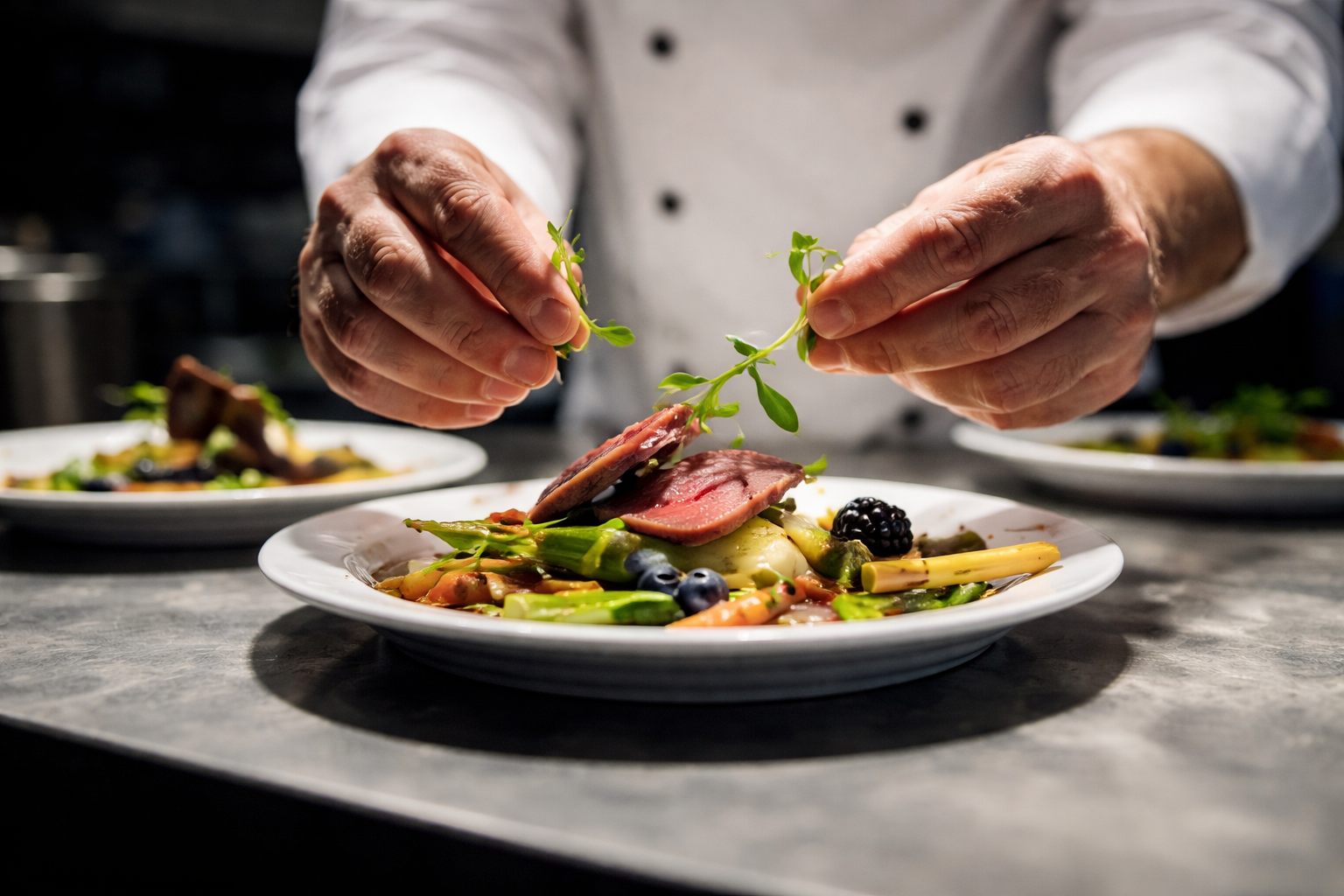 Chef garnishing a plated gourmet dish with herbs in a professional kitchen
