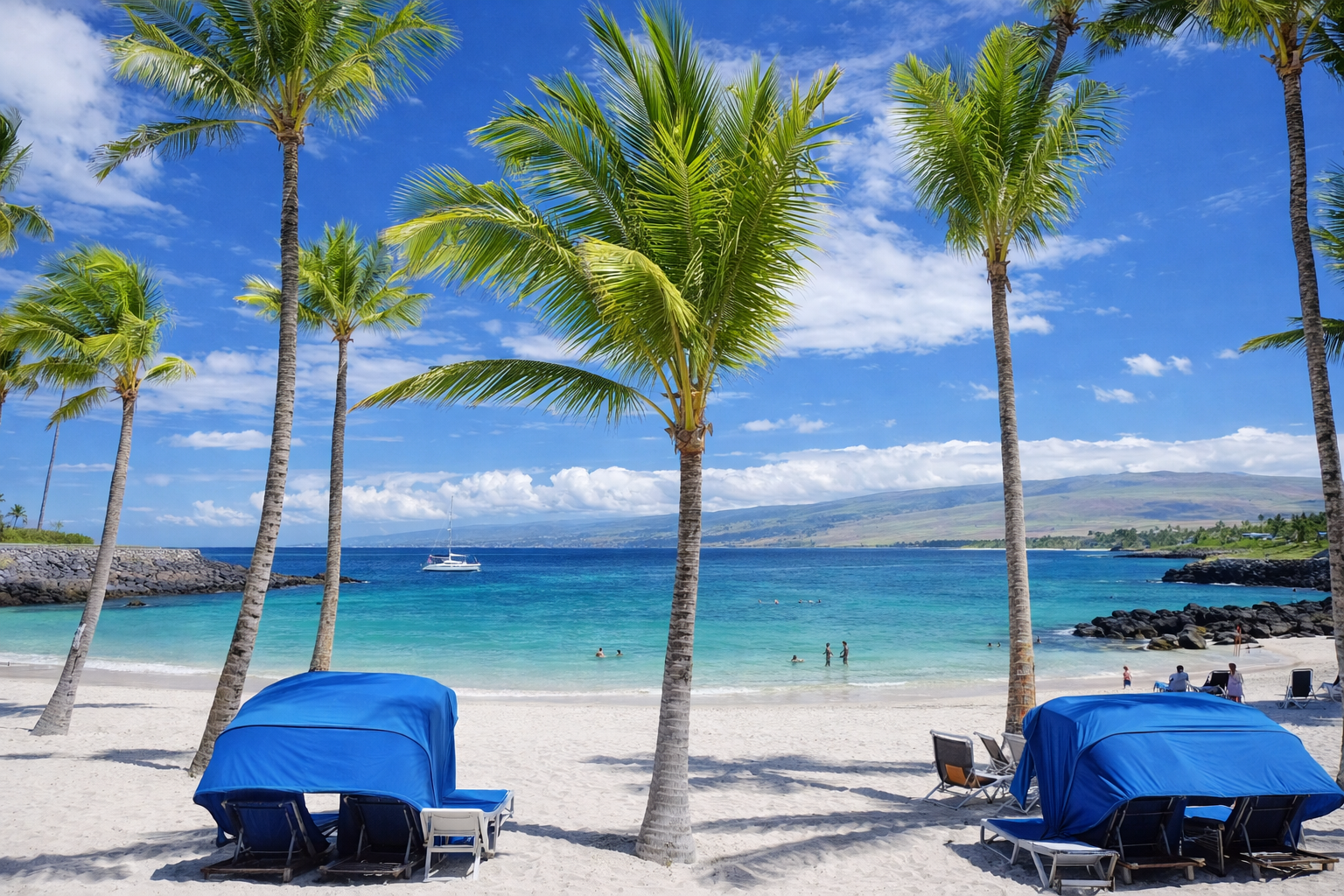 Beach scene with palm trees, blue lounge chairs, and the ocean in the background under a partly cloudy sky at Mauna Lani Beach