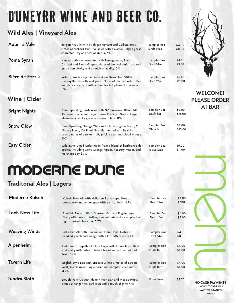 Beer and wine menu from DuneYRR Wine and Beer Co., listing various ales, ciders, and traditional lagers with descriptions and prices.