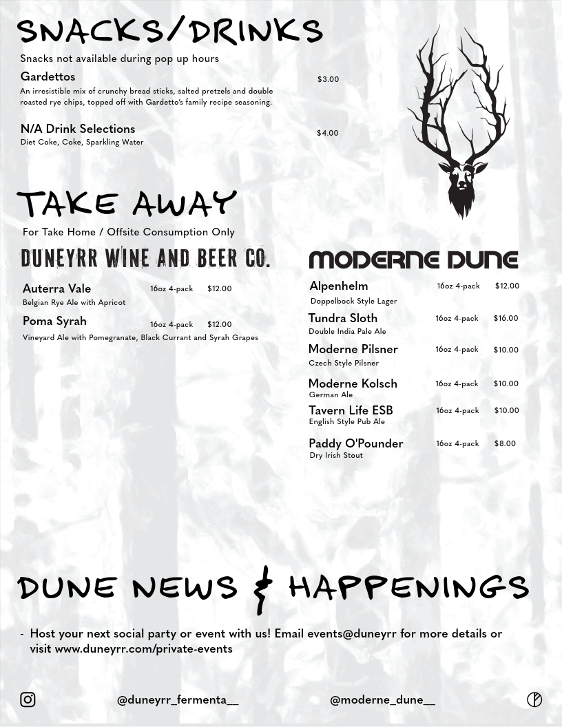 A menu for snacks and drinks, and take away options. Snacks include gardettos and non-alcoholic drink options such as Diet Coke, Coke, and sparkling water. Takeaway beverages include various craft beers and a dry Irish stout, with prices and descript