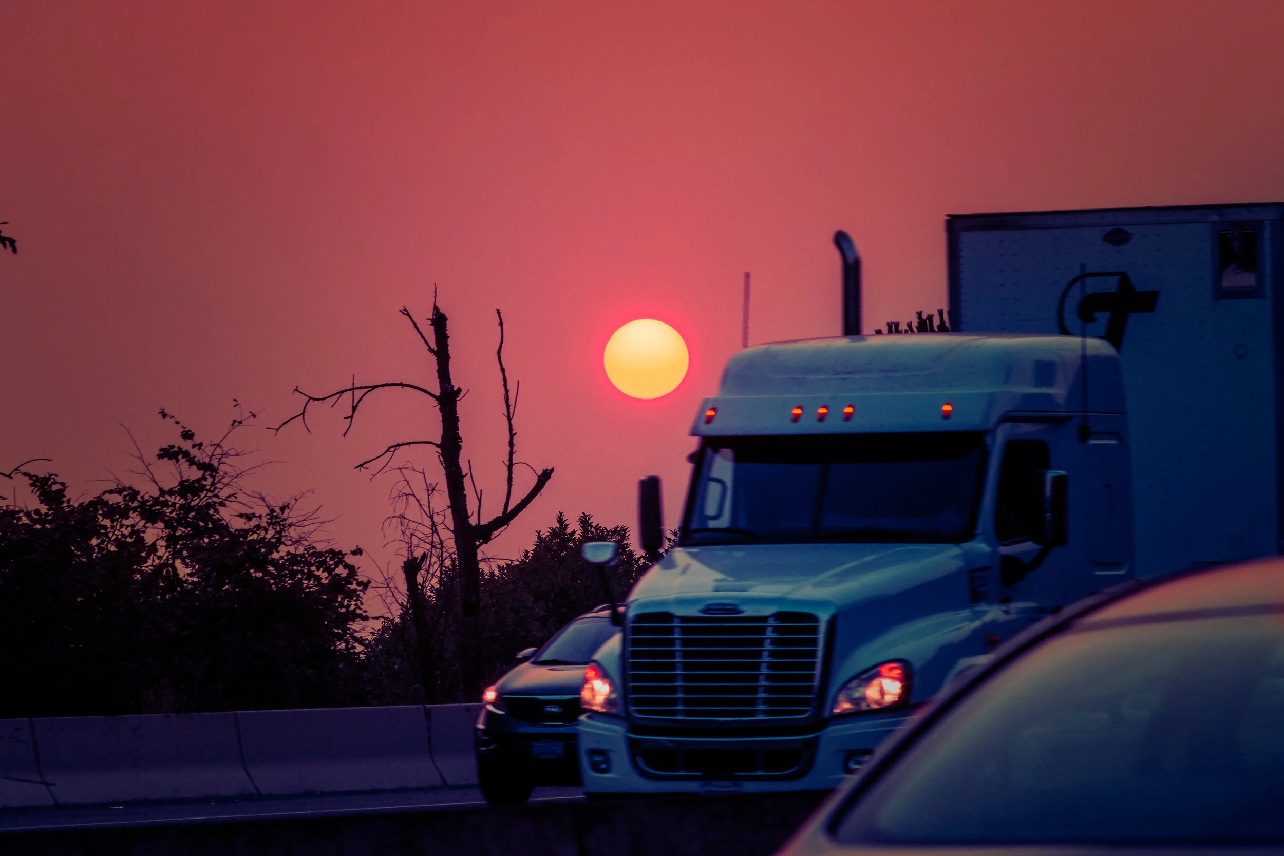 Sunrise during a 2017 forest fire in the Columbia River Gorge.