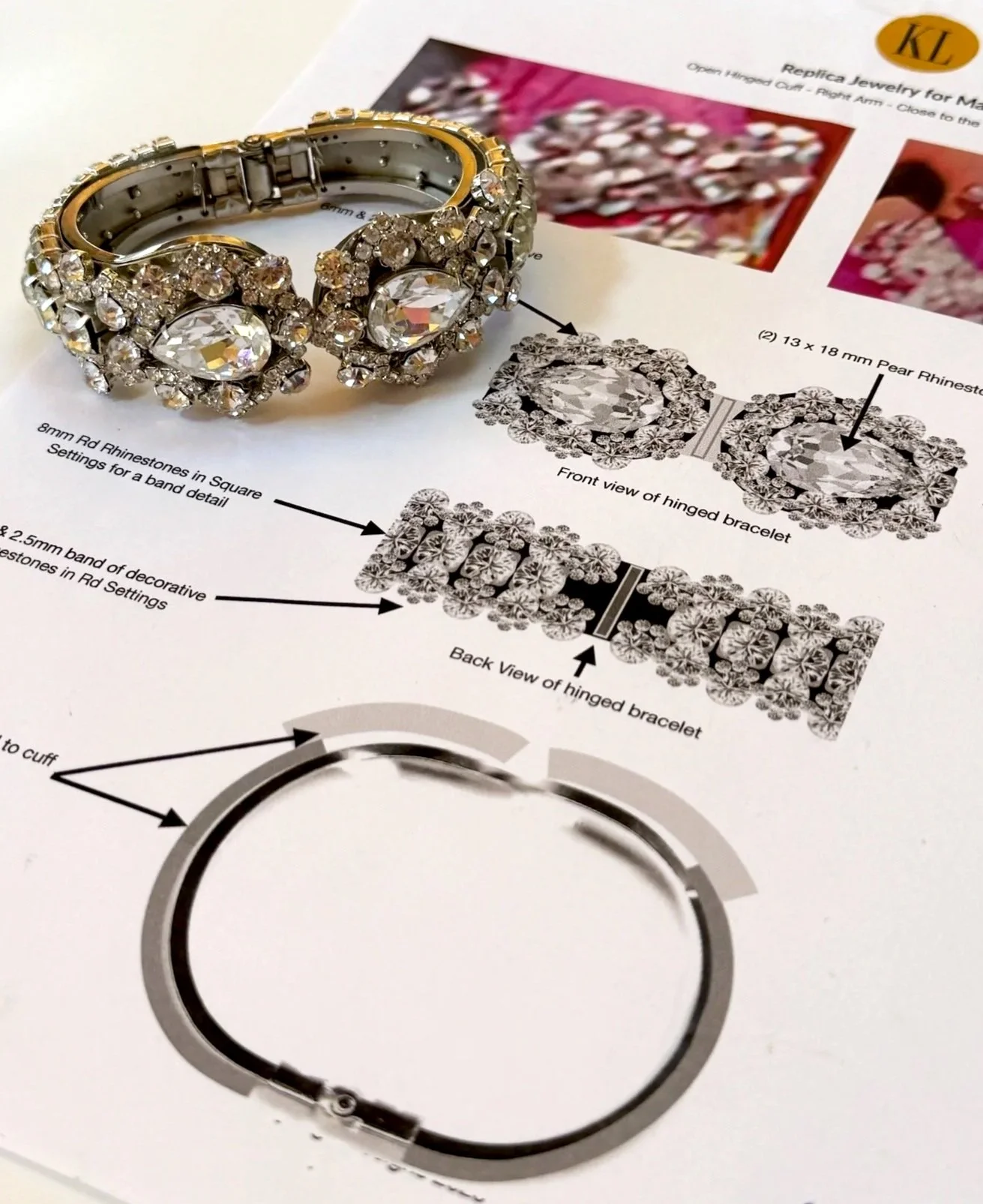 Rhinestone cuff bracelet with sketch