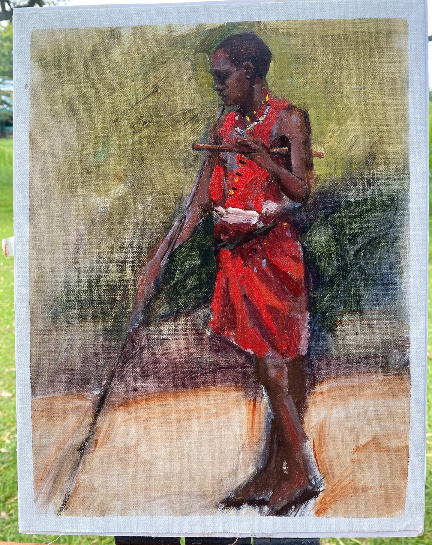 Life painting of a young Maasai warrior at Kenya workshop with @lipking @workshopsinsa @dunawayfineart . Also a landscape painted from our tent porch in Little Governors camp in Maasai Mara reserve, and life painting of @akebag on a hilltop between M