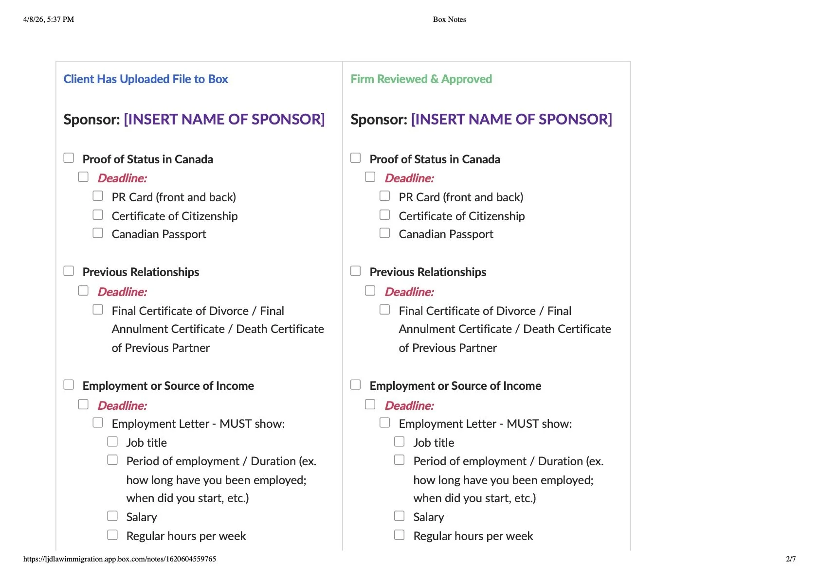 Spousal Sponsorship Checklist