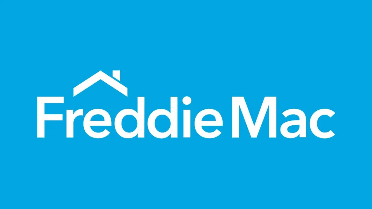Freddie Mac logo with blue background and white text, featuring a stylized house roof above the letter 'F'.