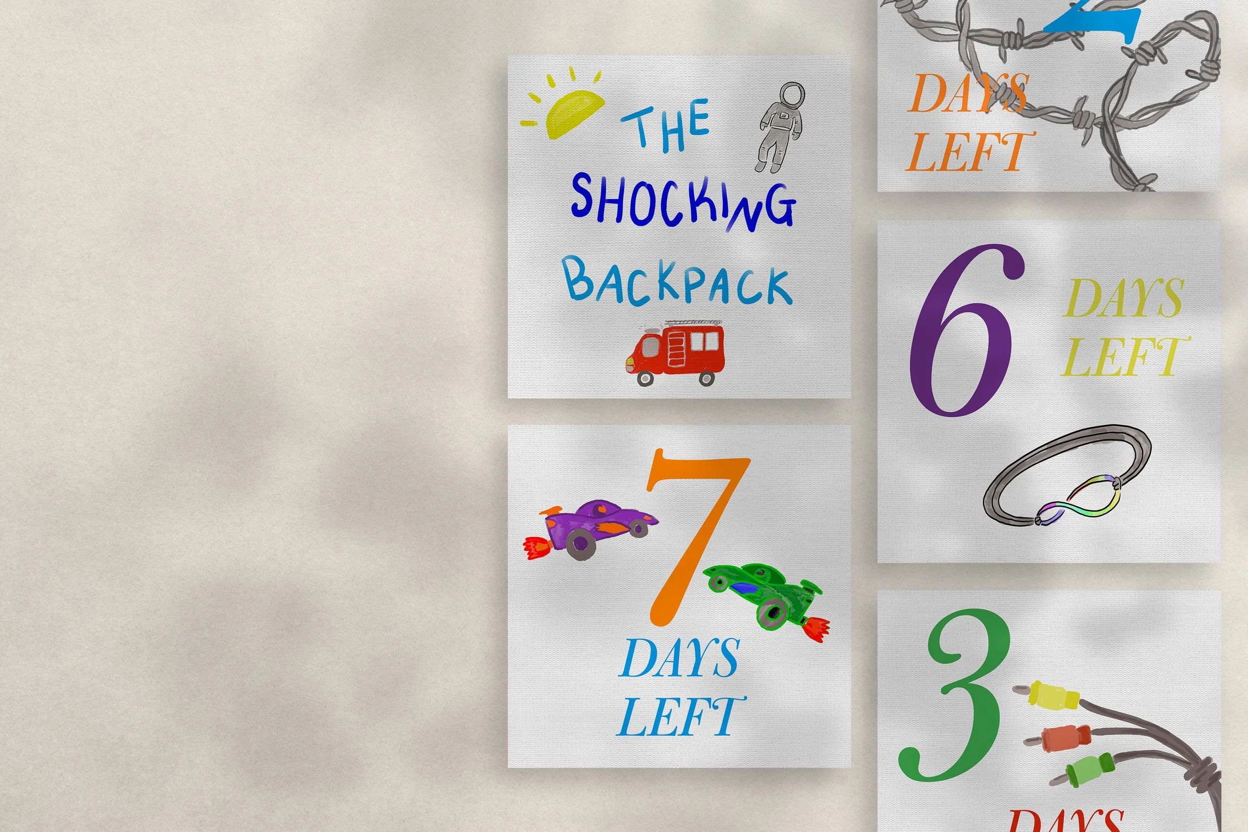 Countdown posters & social media campaign for the NYU Advanced Film, "The Shocking Backpack." Writer/Director: Cesar Llanos