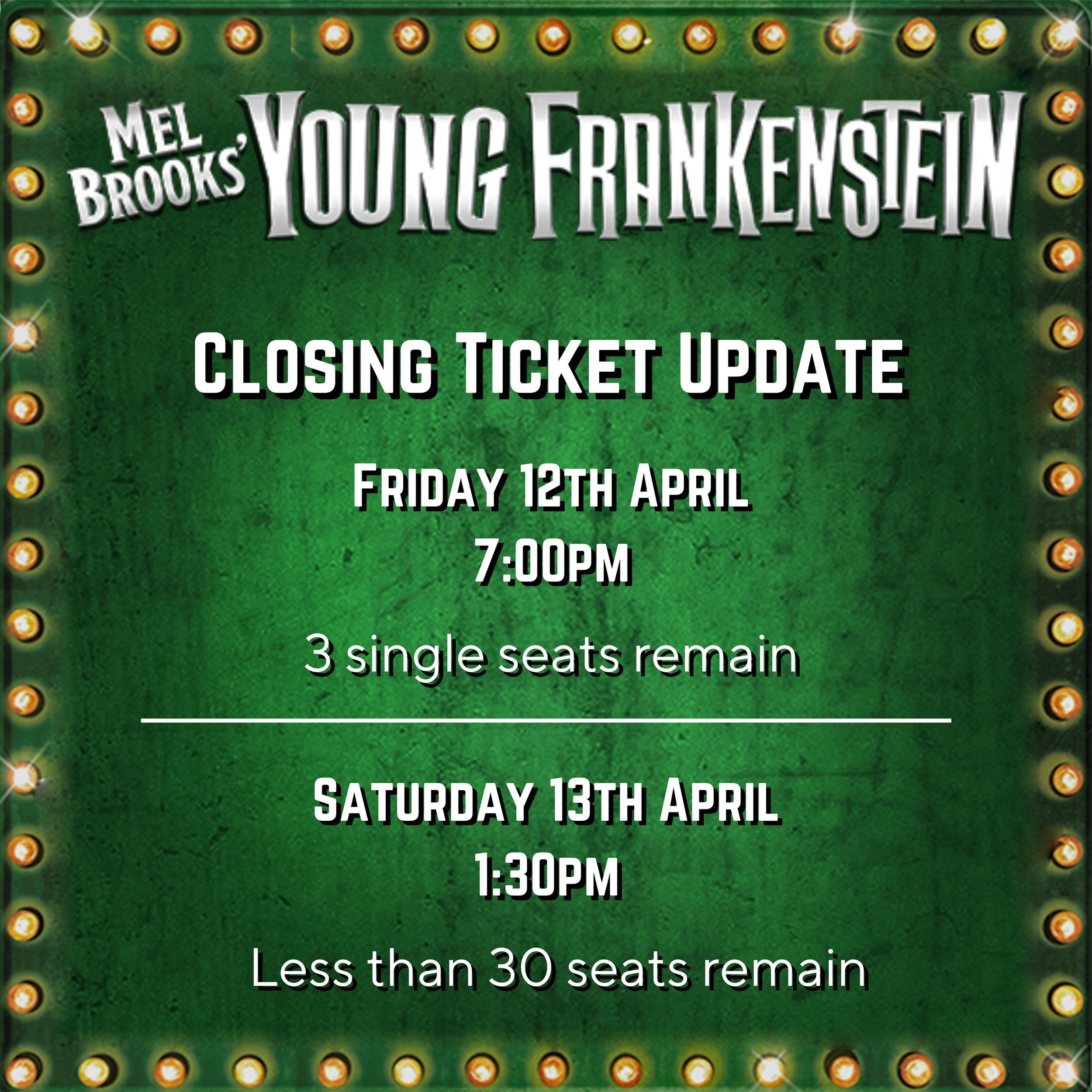 A quick update on tickets for our final two performances! 🤩🎟️ 

Hurry, book now as closing weekend is set to sell out! ⬇️

🧟 Young Frankenstein the Musical
🎟️ Link in bio
🗓️ 5th - 13th April 
📍Ron Hurley Theatre, Seven Hills