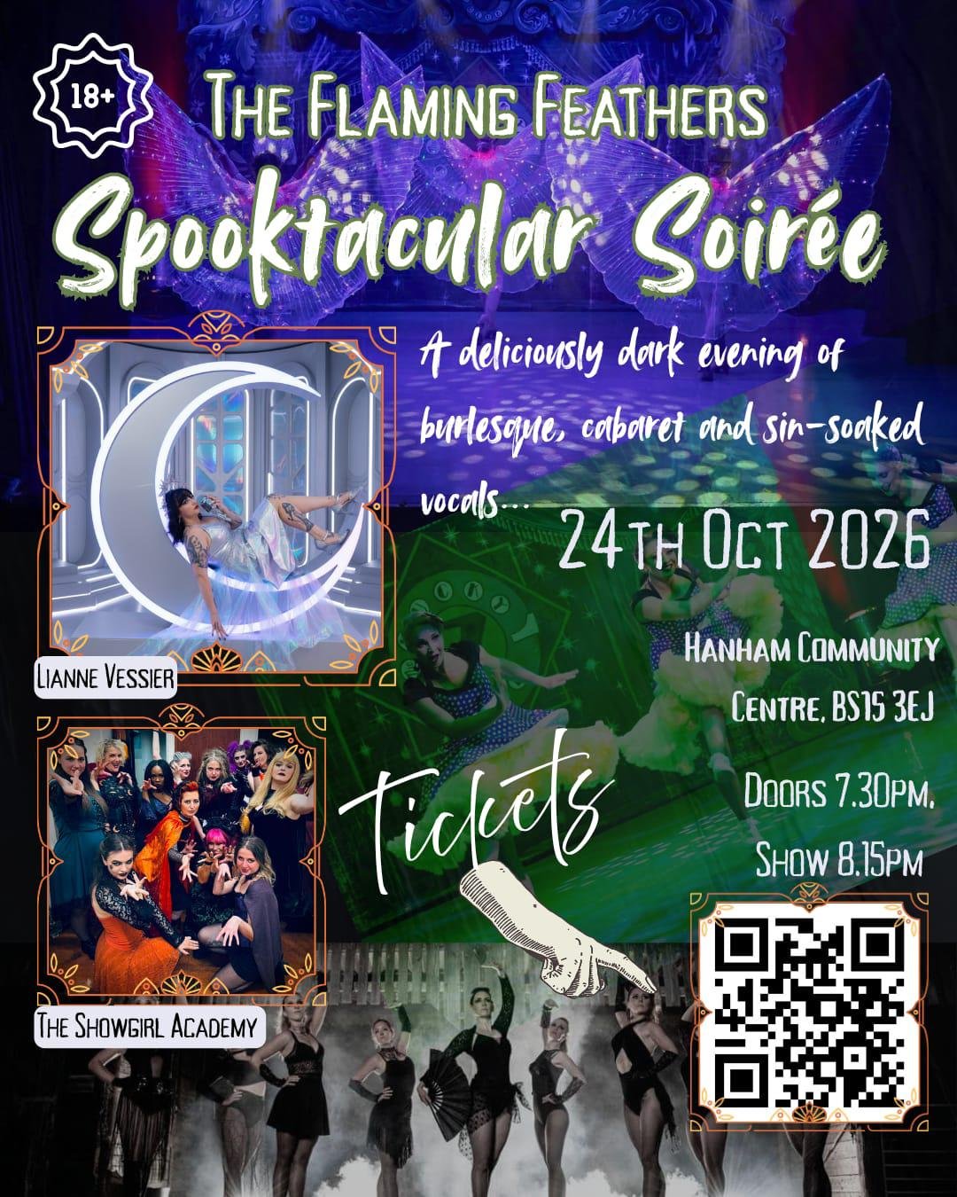 Poster for The Flaming Feathers Spooktacular Soirée, a dark evening show with burlesque, cabaret, and sin-soaked vocals on October 24, 2026, at Hanham Community Centre. Features images of performers, a QR code for tickets, and text details including the event time and venue.