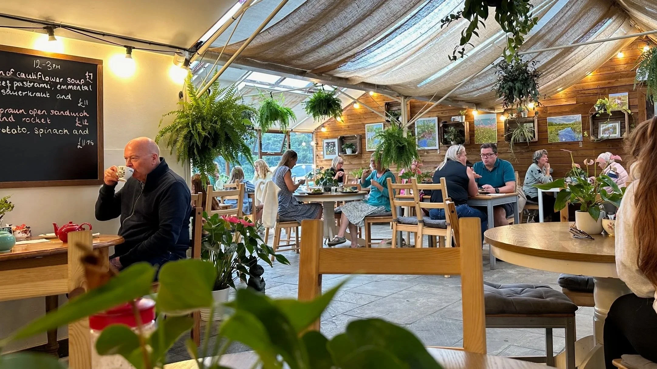 Interior of a cozy cafe with wooden walls decorated with framed paintings. There are hanging plants and warm string lights. Customers are seated at wooden tables, some chatting, others enjoying their food or drinks. a man in the foreground drinks from a cup, and a chalkboard menu is visible on the wall.